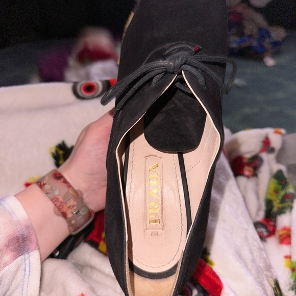 Authentic Prada suede leather pony’s hair black & leopard print lace up wedge - Picture 9 of 10